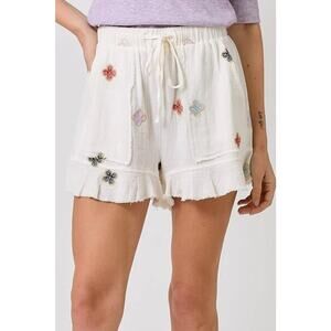 "Clover" Embroidered Gauze Shorts in Washed White